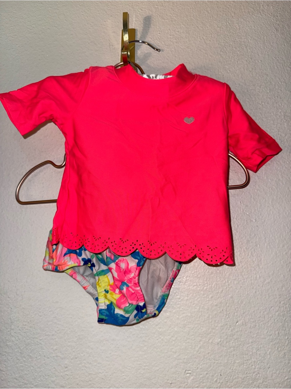 Carter's Bright Pink Short Sleeve Swim Top with Floral Bikini Bottom